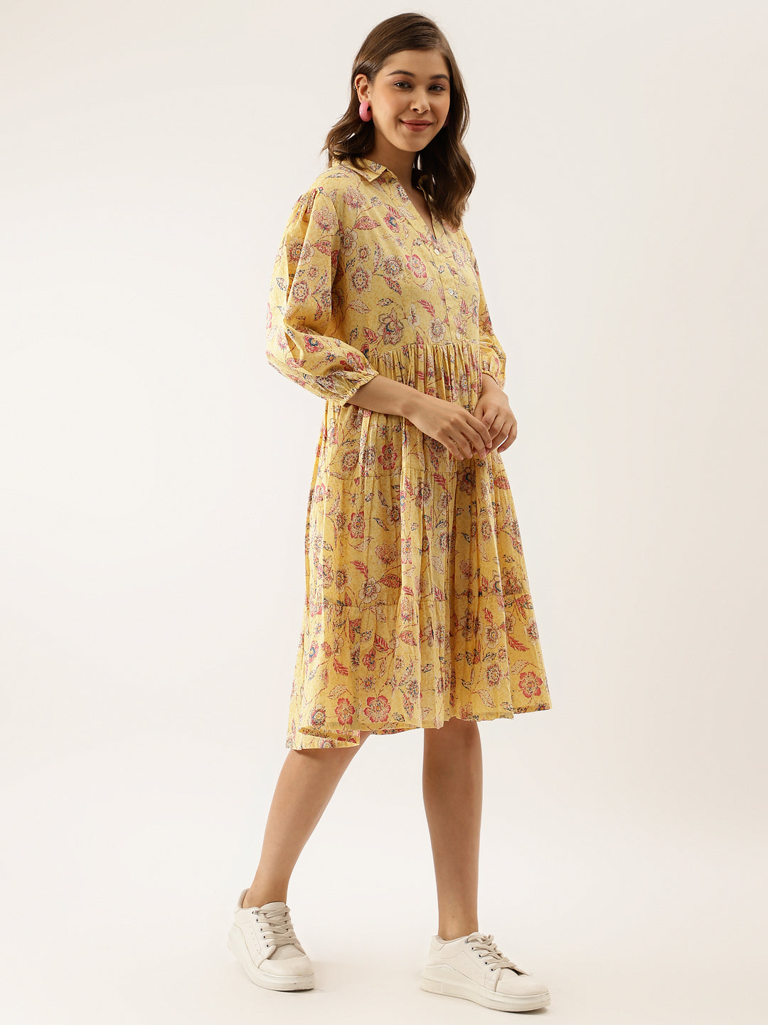 Yellow Floral Printed Cotton Party Wear Dress for Women