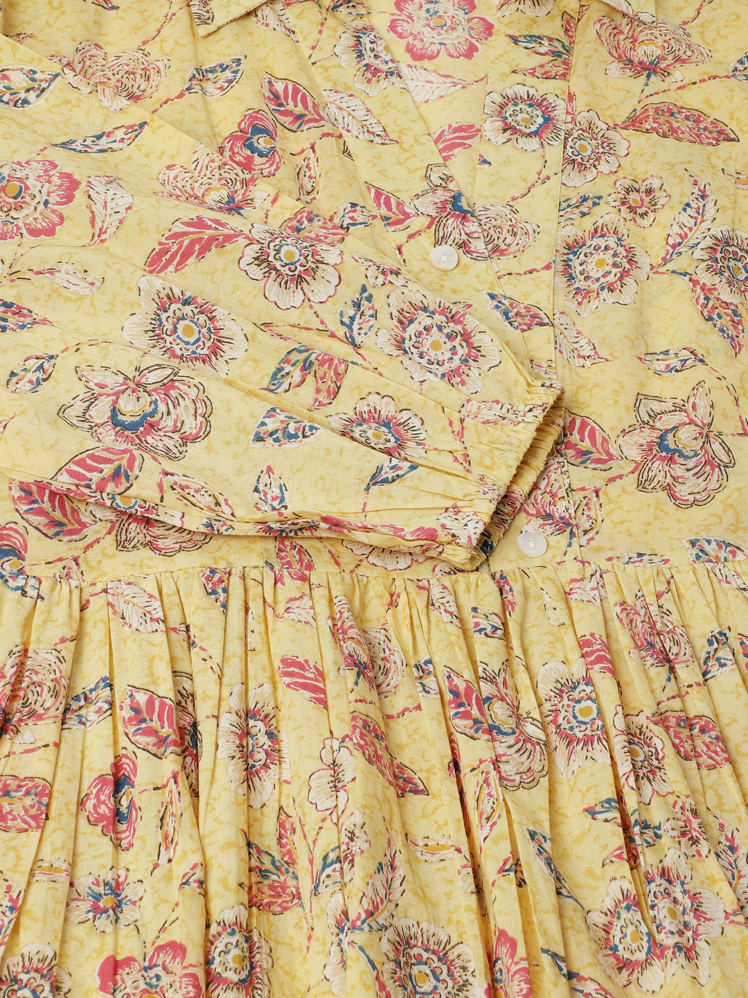 Yellow Floral Printed Cotton Party Wear Dress for Women