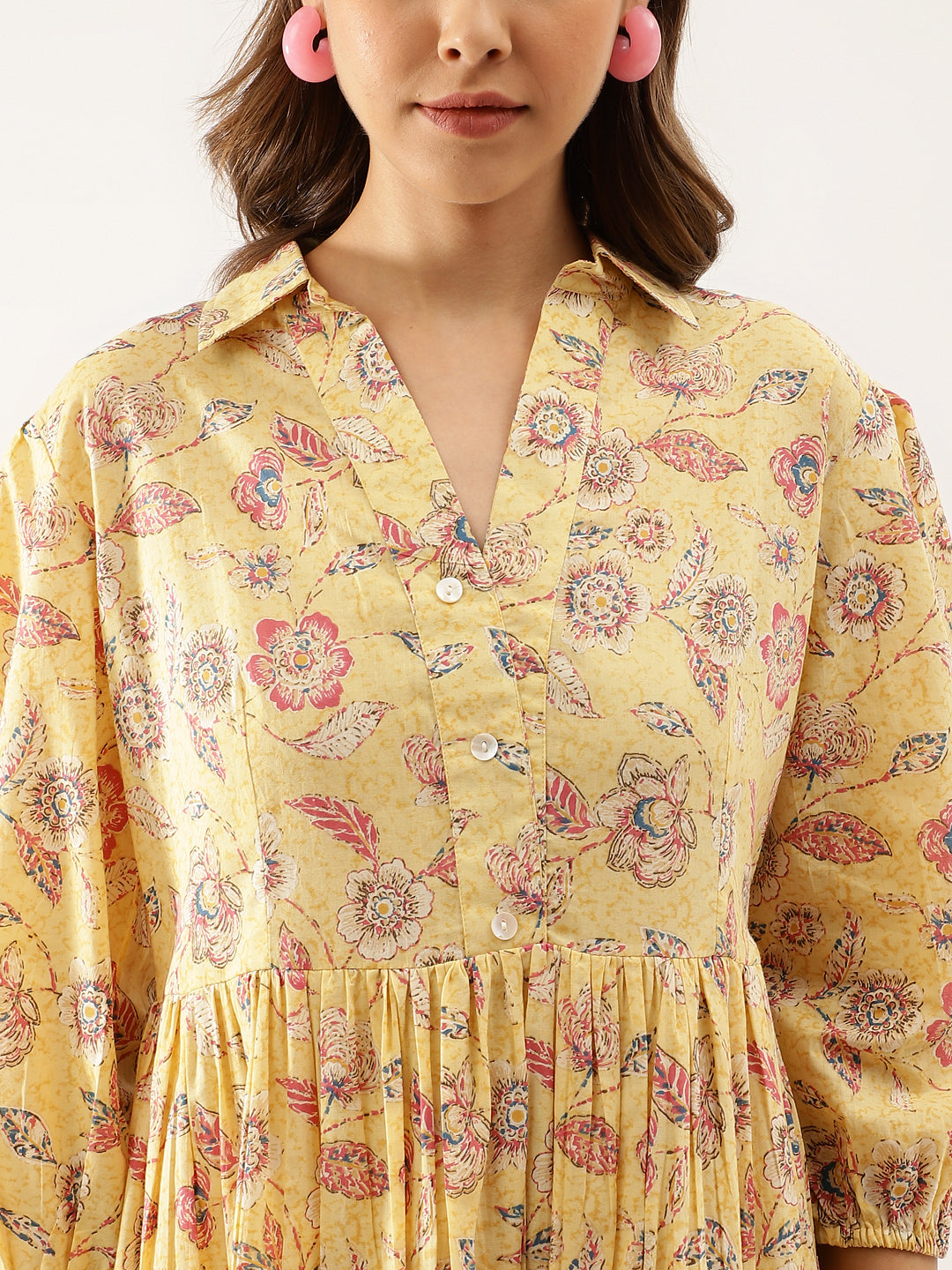 Yellow Floral Printed Cotton Party Wear Dress for Women