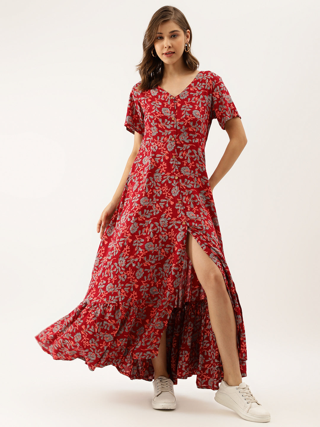 Maroon Party Wear Floral Printed Cotton Ethnic Dress for Women