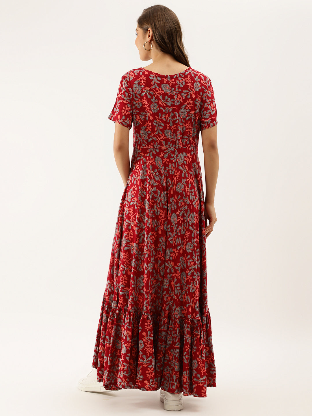 Maroon Party Wear Floral Printed Cotton Ethnic Dress for Women