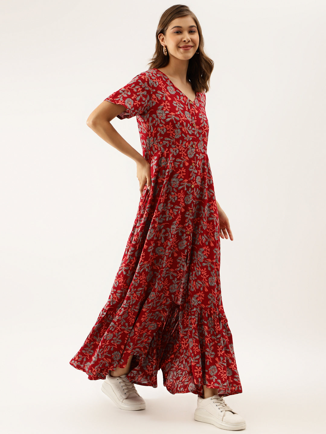 Maroon Party Wear Floral Printed Cotton Ethnic Dress for Women