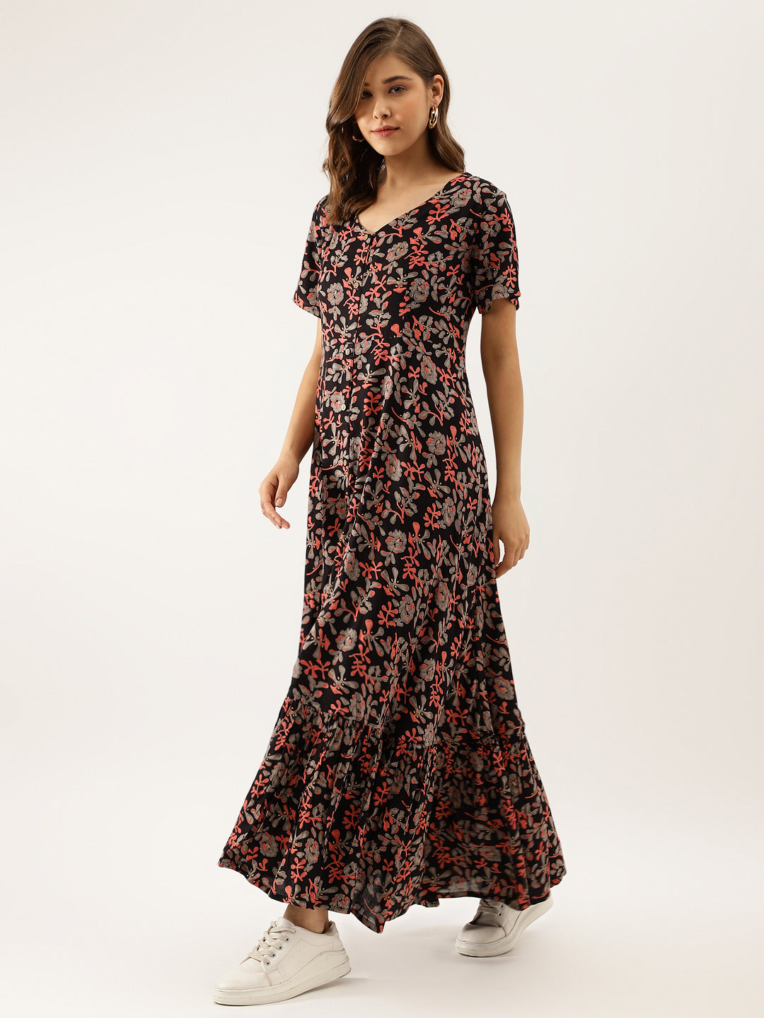 Black Multi Floral Rayon Ethnic Party Wear Dress for Women