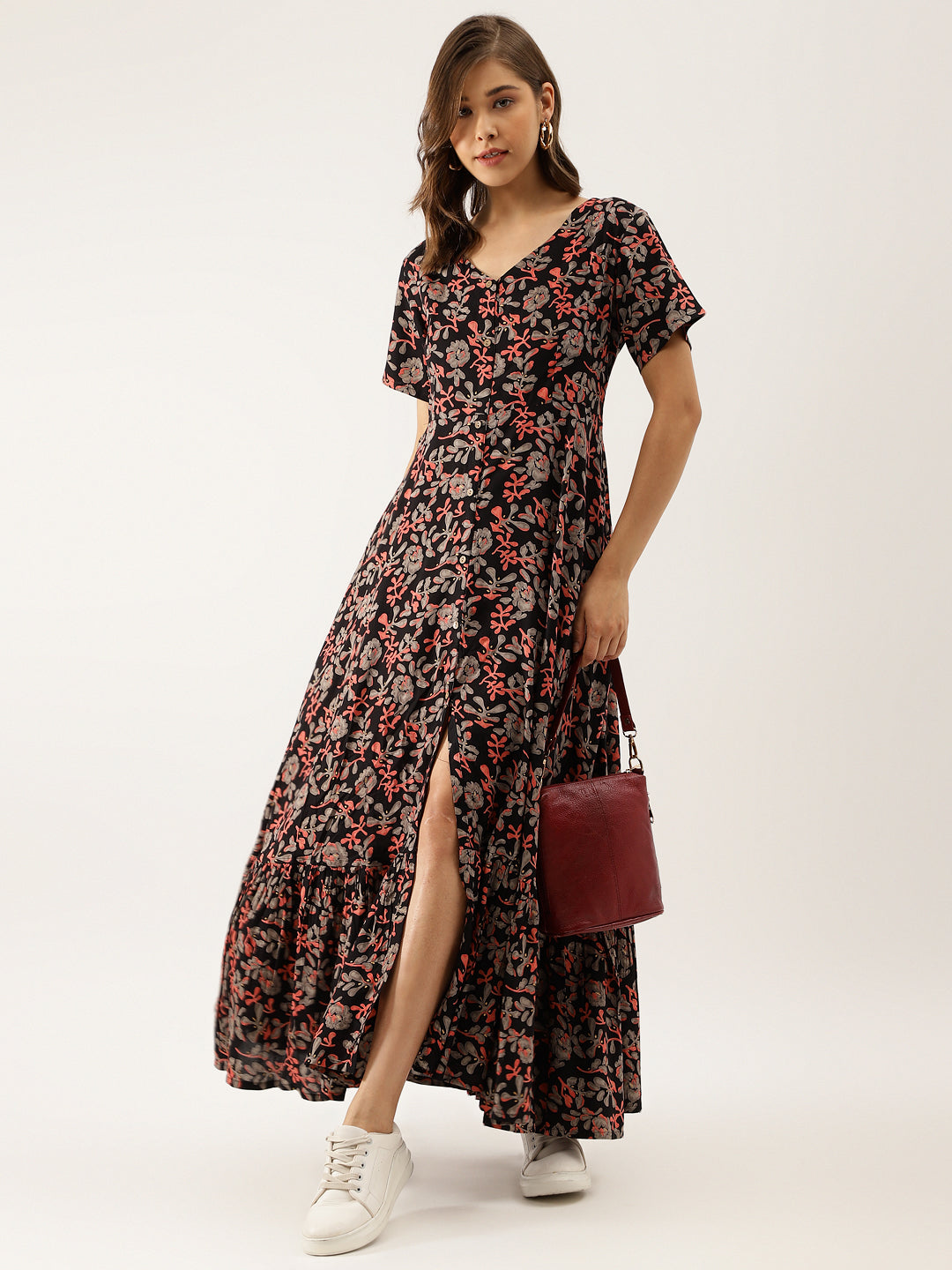 Black Multi Floral Rayon Ethnic Party Wear Dress for Women