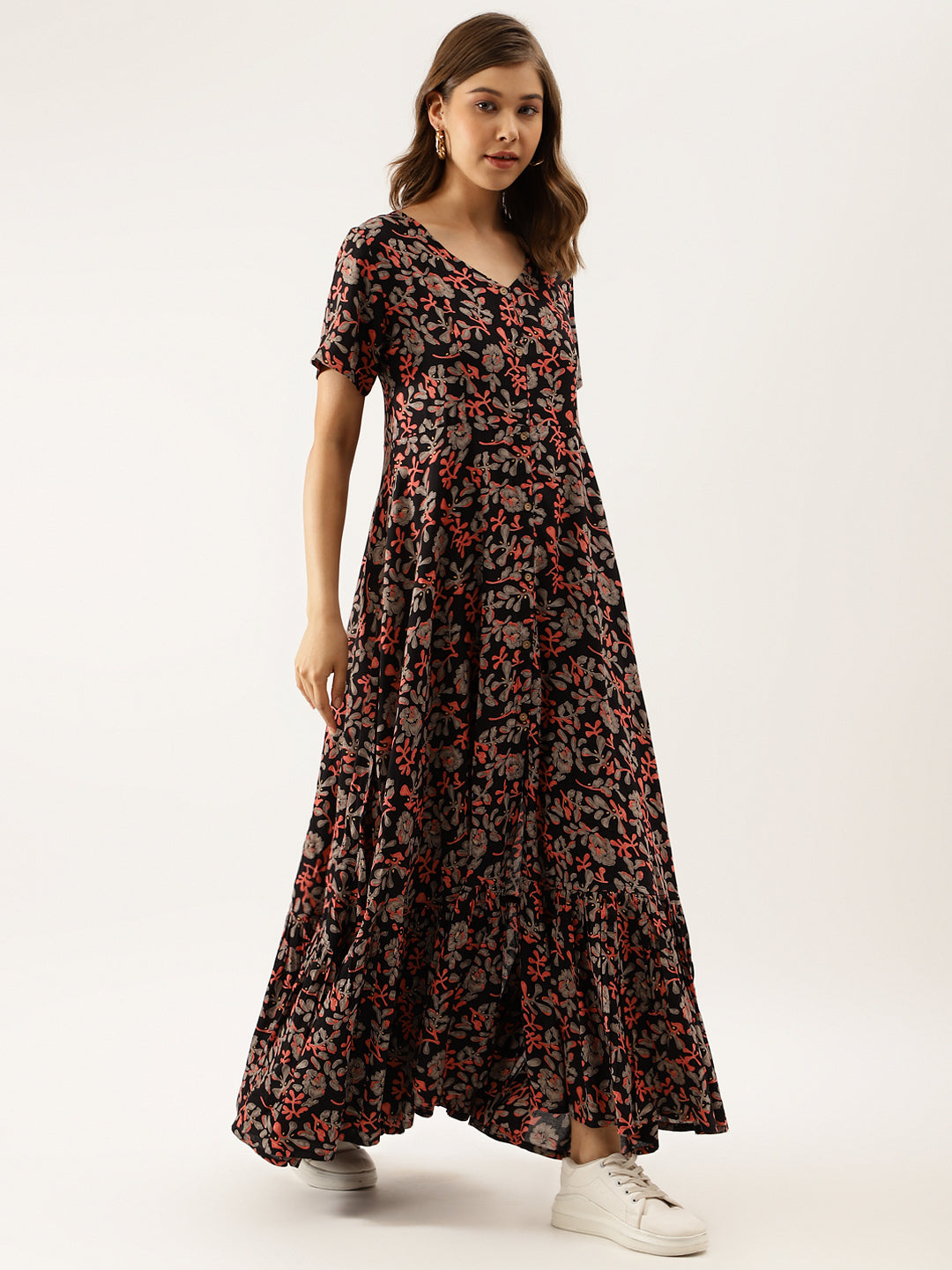 Black Multi Floral Rayon Ethnic Party Wear Dress for Women