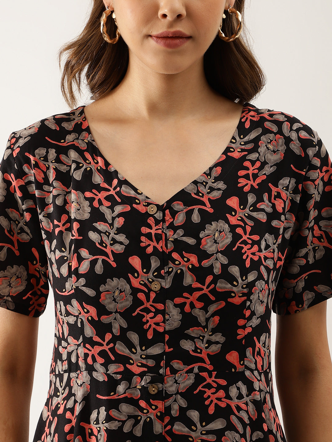 Black Multi Floral Rayon Ethnic Party Wear Dress for Women