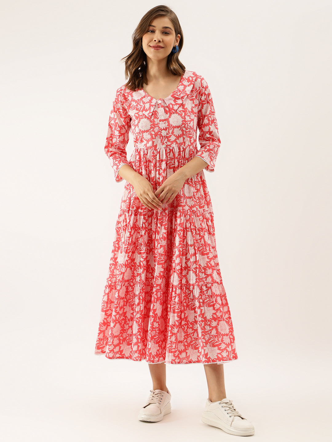 Pink Floral Printed Cotton Ethnic Party Wear Dress for Women