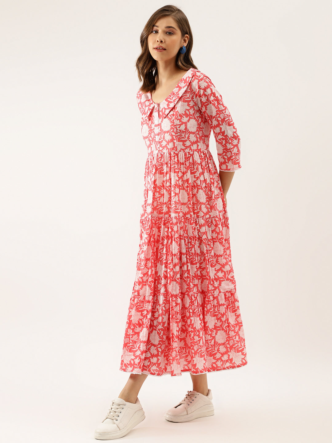 Pink Floral Printed Cotton Ethnic Party Wear Dress for Women