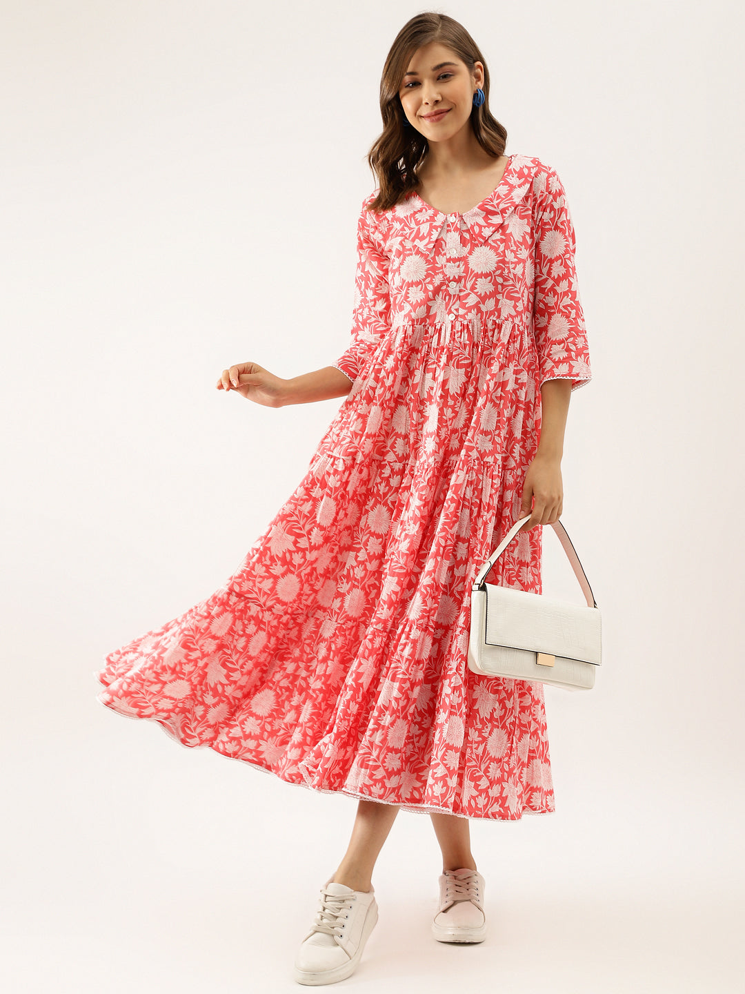 Pink Floral Printed Cotton Ethnic Party Wear Dress for Women