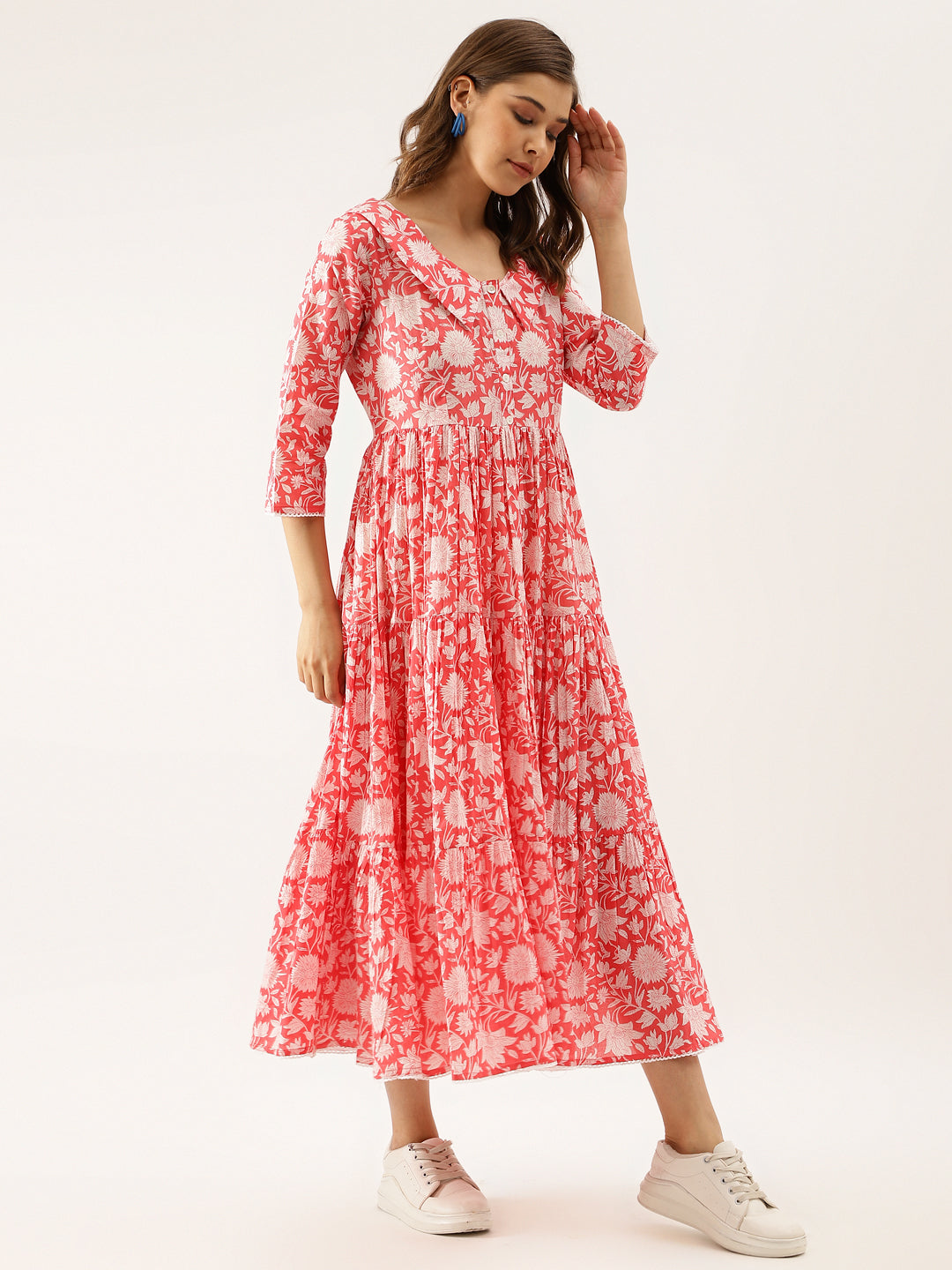 Pink Floral Printed Cotton Ethnic Party Wear Dress for Women