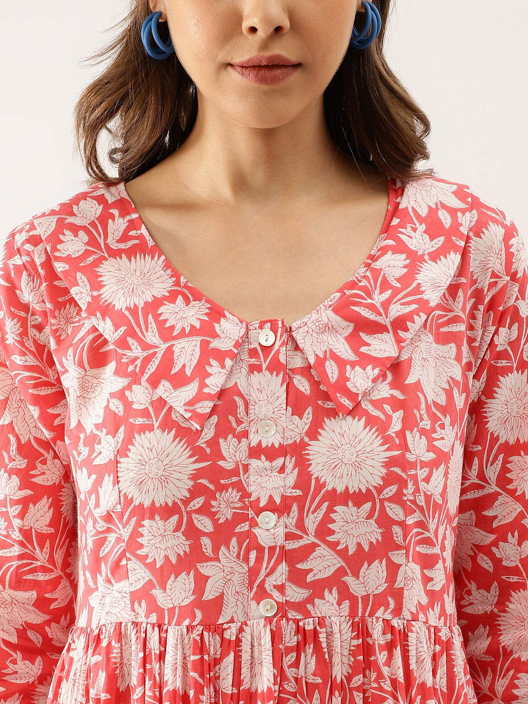 Pink Floral Printed Cotton Ethnic Party Wear Dress for Women