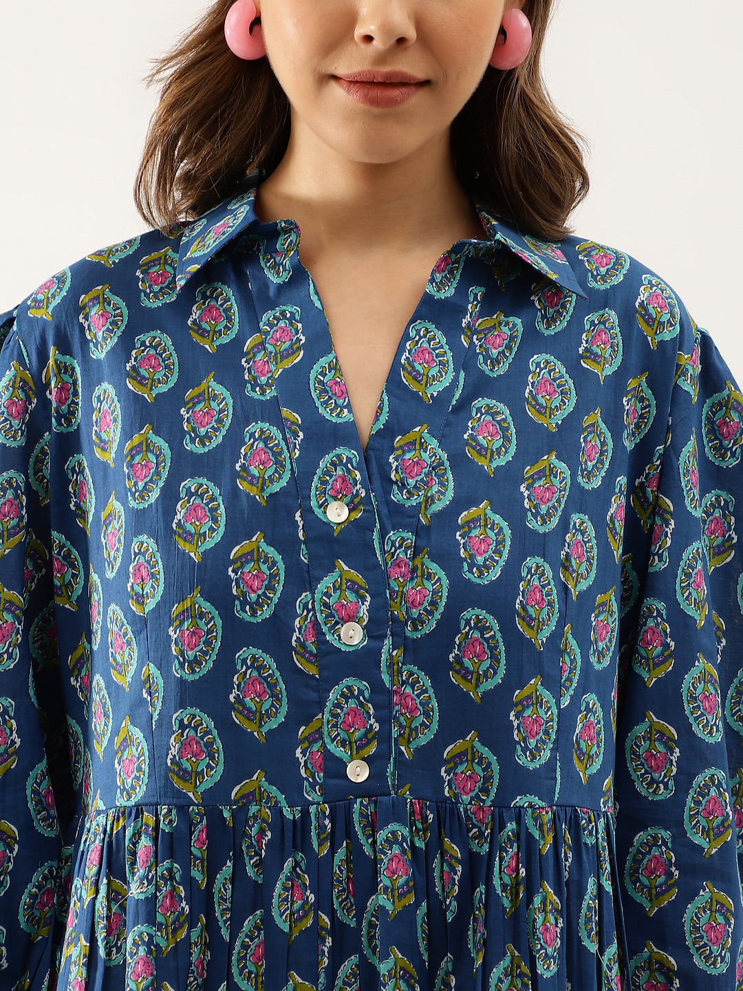 Blue Paisley Printed Cotton Party Wear Dress for Women