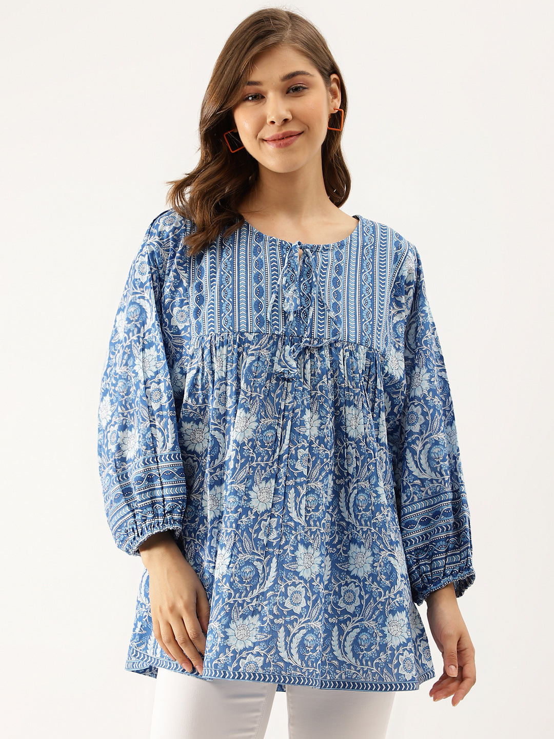 Divena Blue Printed Cotton Peplum top