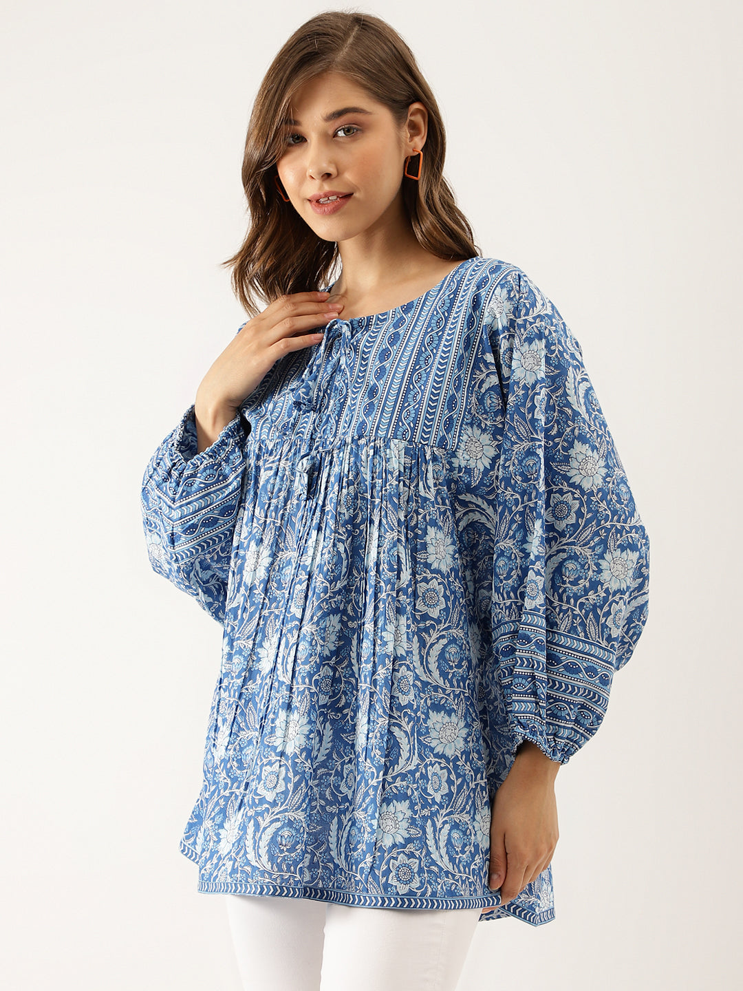 Divena Blue Printed Cotton Peplum top
