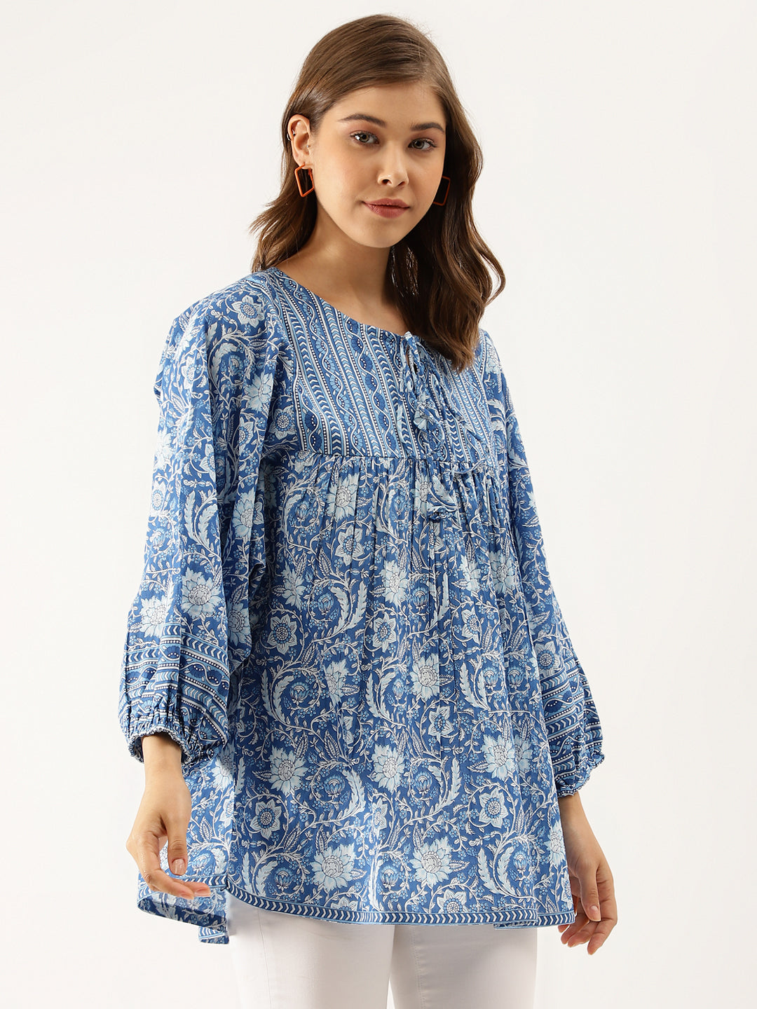 Divena Blue Printed Cotton Peplum top