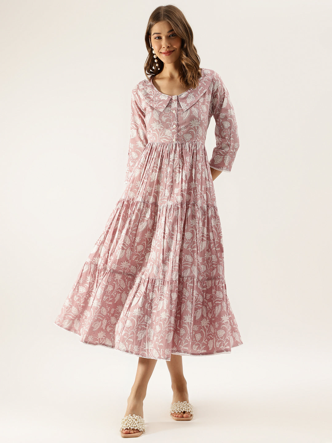 Lavender Floral Printed Cotton Ethnic Party Wear Dress for Women