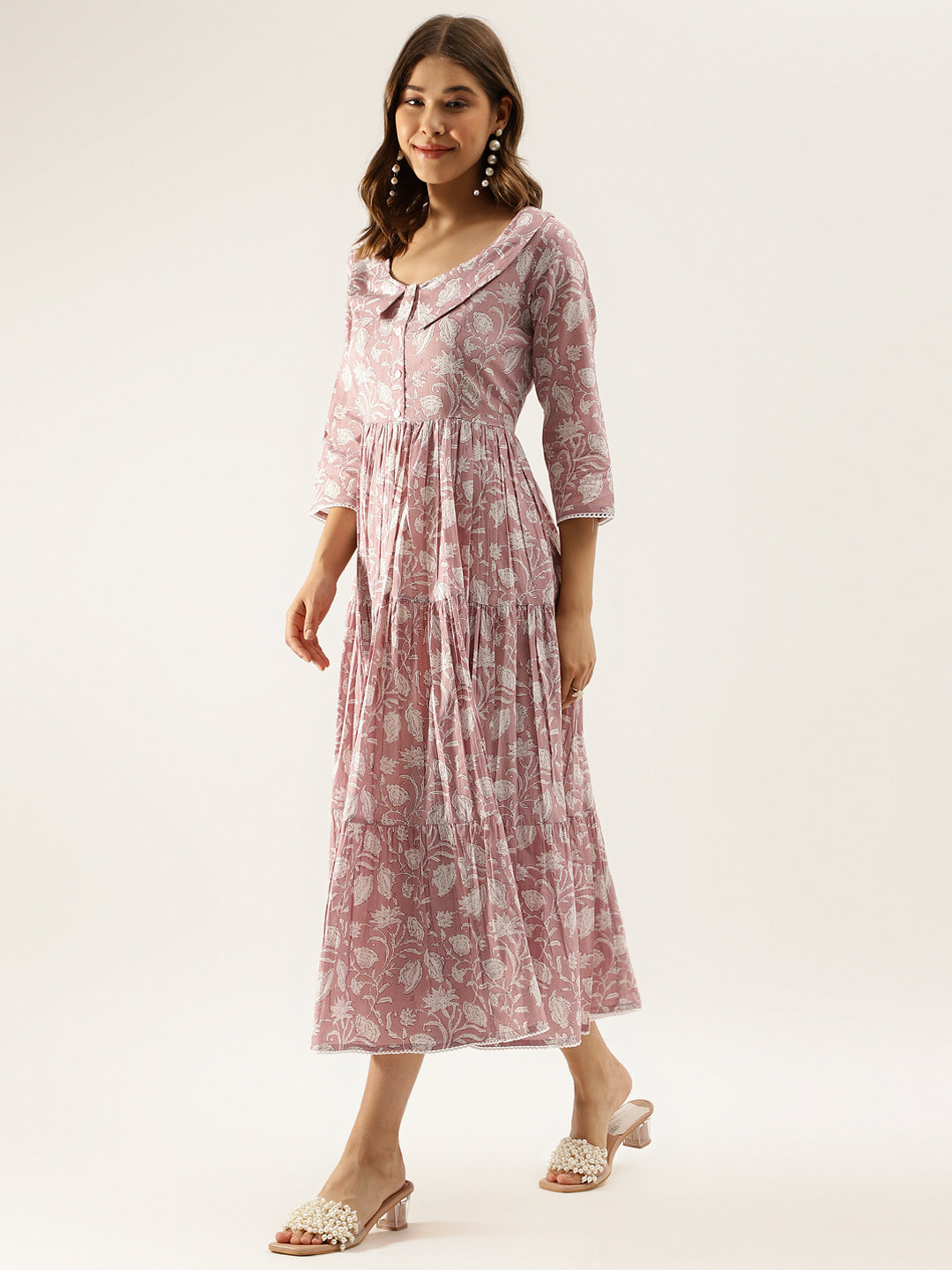 Lavender Floral Printed Cotton Ethnic Party Wear Dress for Women