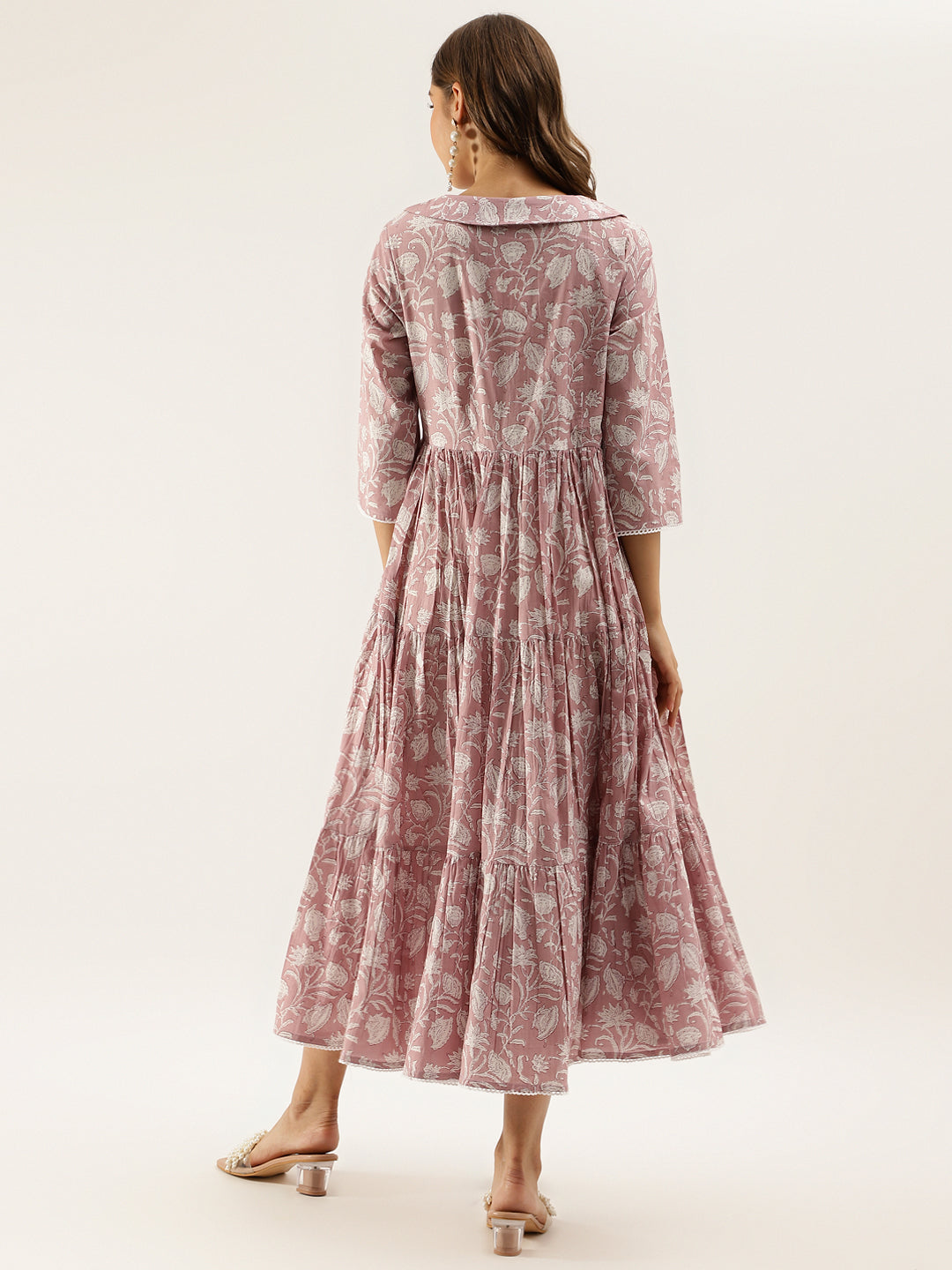 Lavender Floral Printed Cotton Ethnic Party Wear Dress for Women