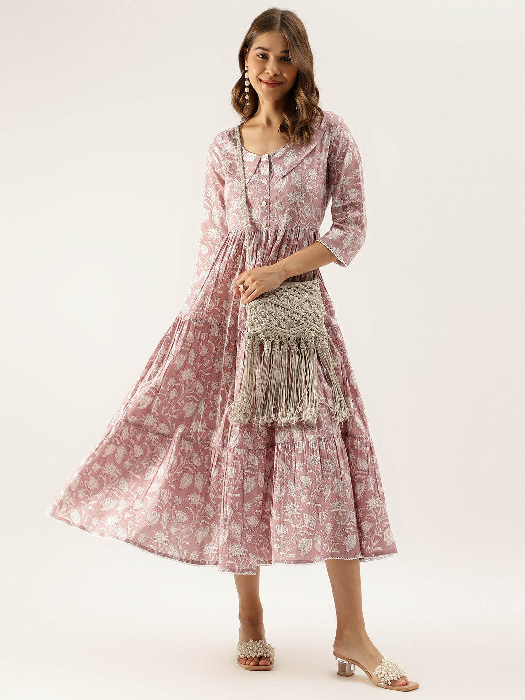Lavender Floral Printed Cotton Ethnic Party Wear Dress for Women