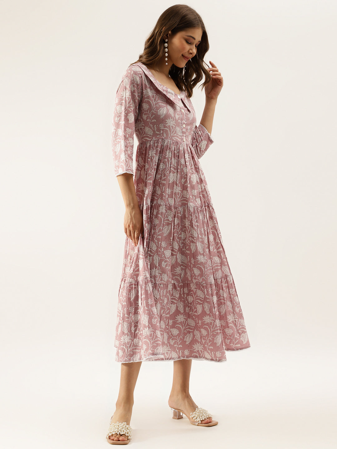Lavender Floral Printed Cotton Ethnic Party Wear Dress for Women