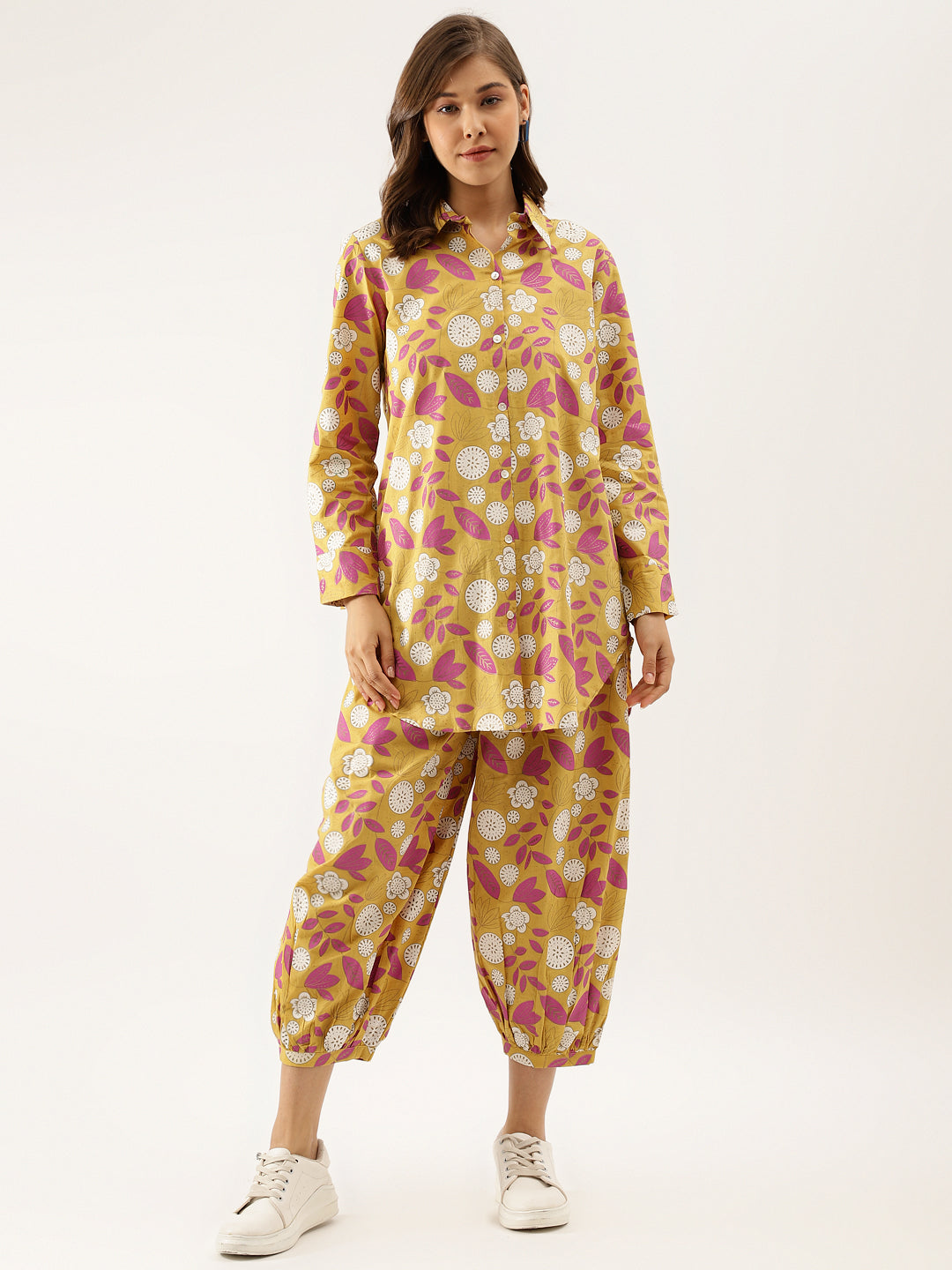 Mustard Floral Print Cotton Co-ord Set For Women With Spread Collar