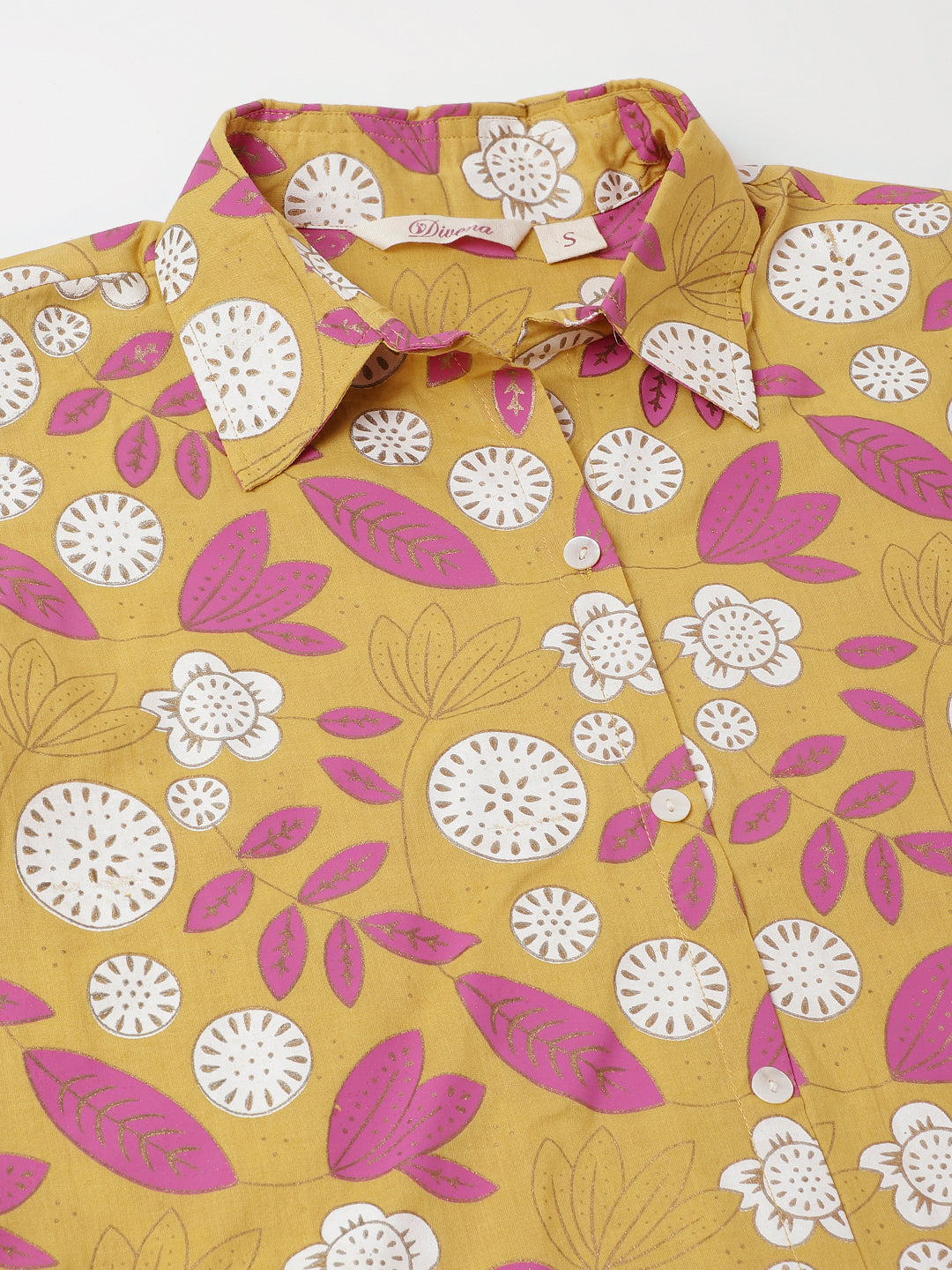 Mustard Floral Print Cotton Co-ord Set For Women With Spread Collar