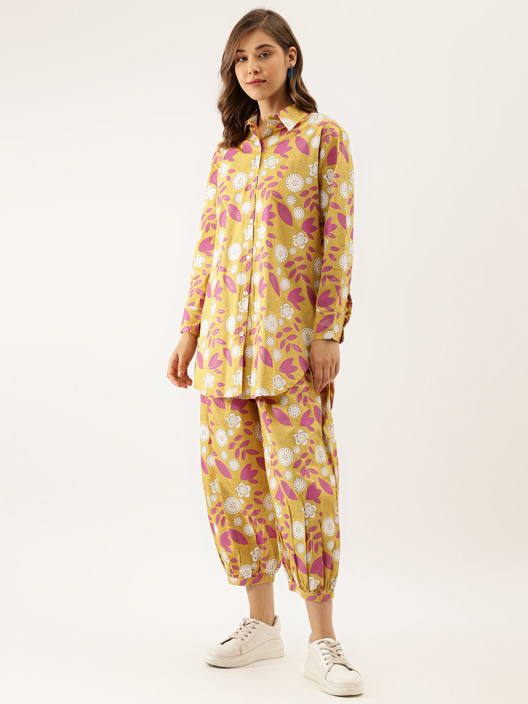Mustard Floral Print Cotton Co-ord Set For Women With Spread Collar