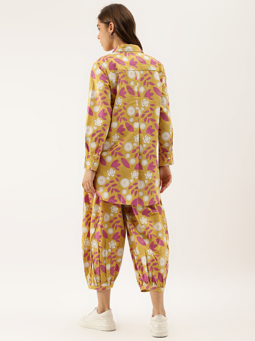 Mustard Floral Print Cotton Co-ord Set For Women With Spread Collar