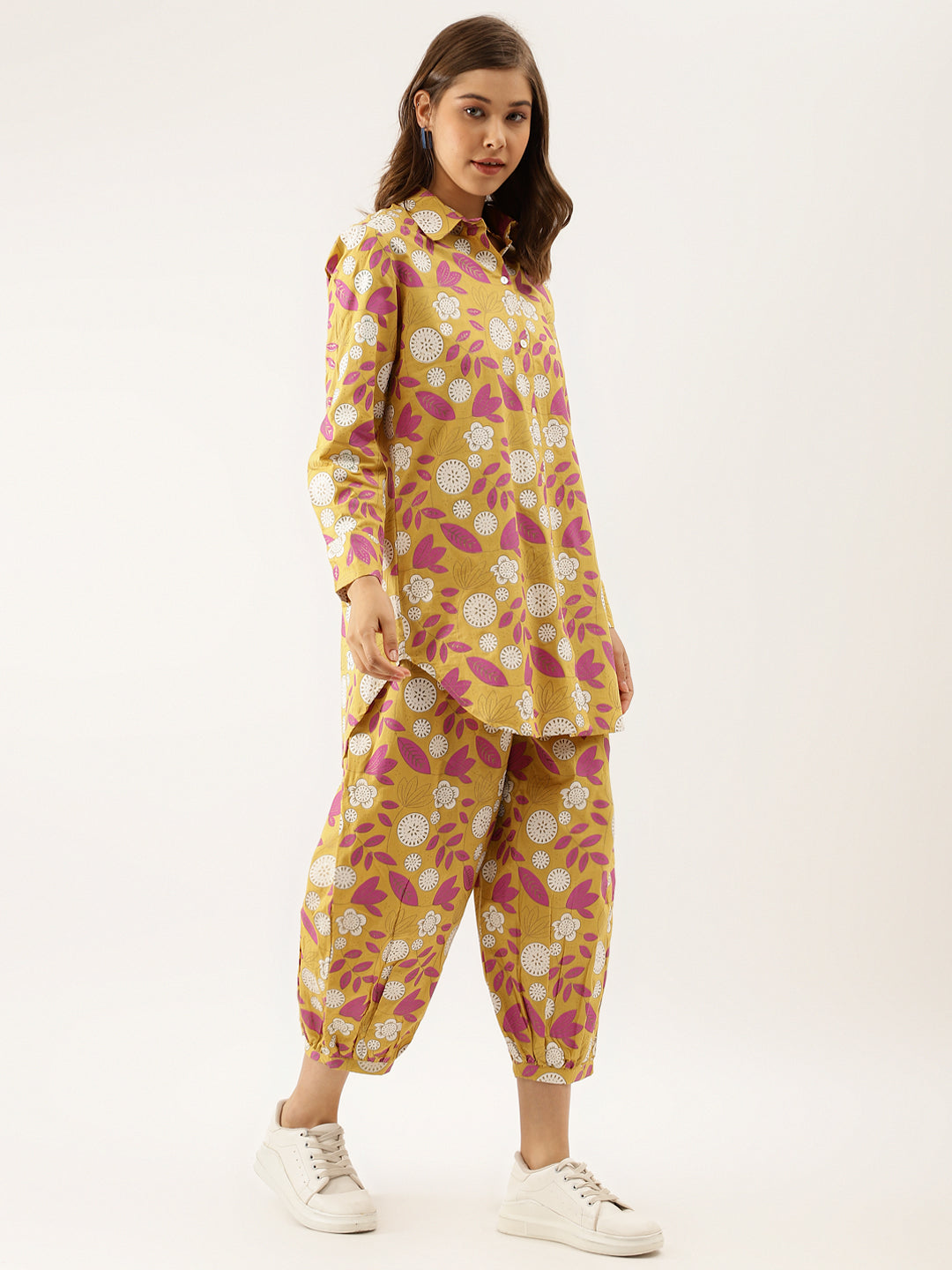 Mustard Floral Print Cotton Co-ord Set For Women With Spread Collar