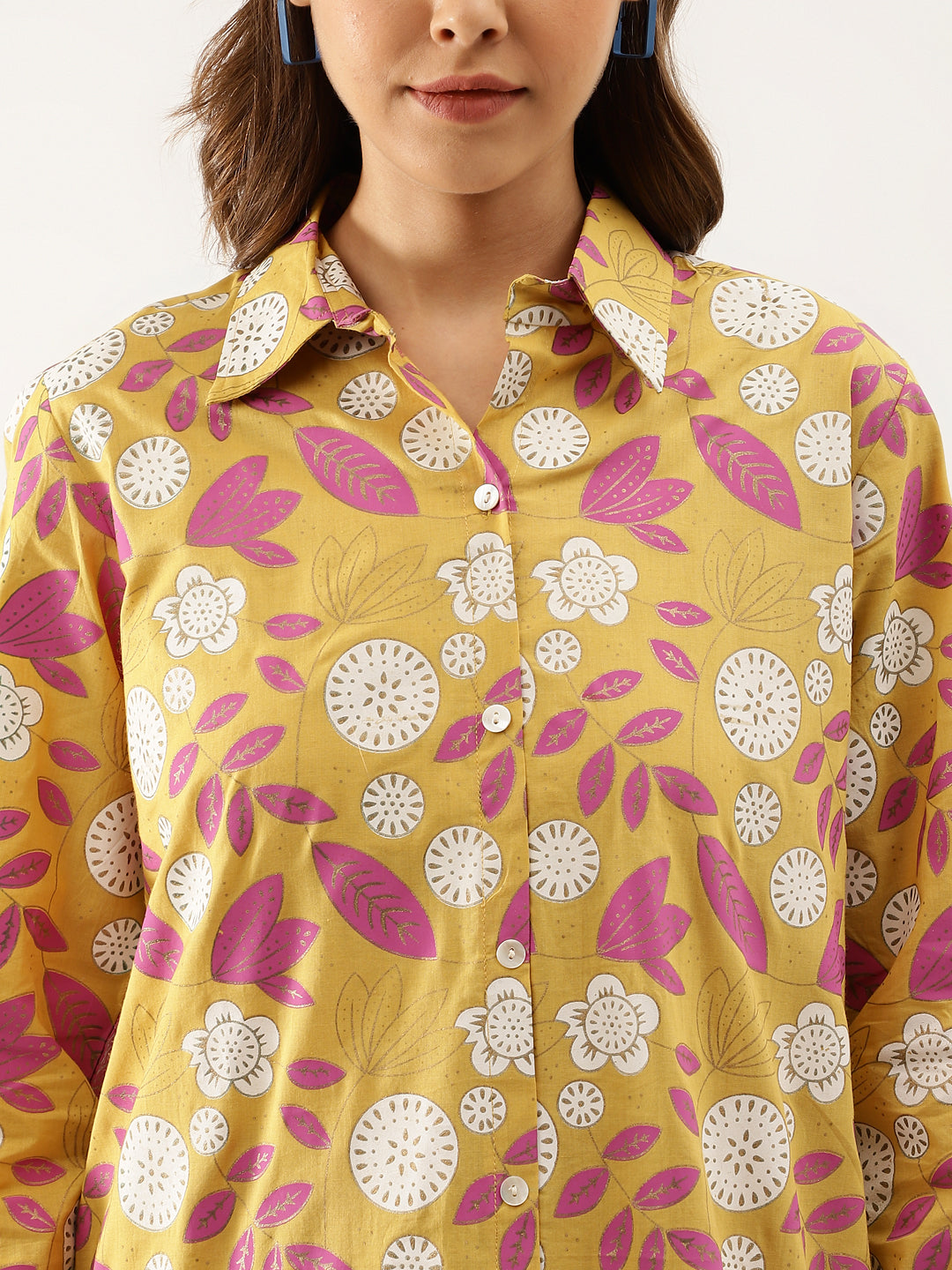 Mustard Floral Print Cotton Co-ord Set For Women With Spread Collar