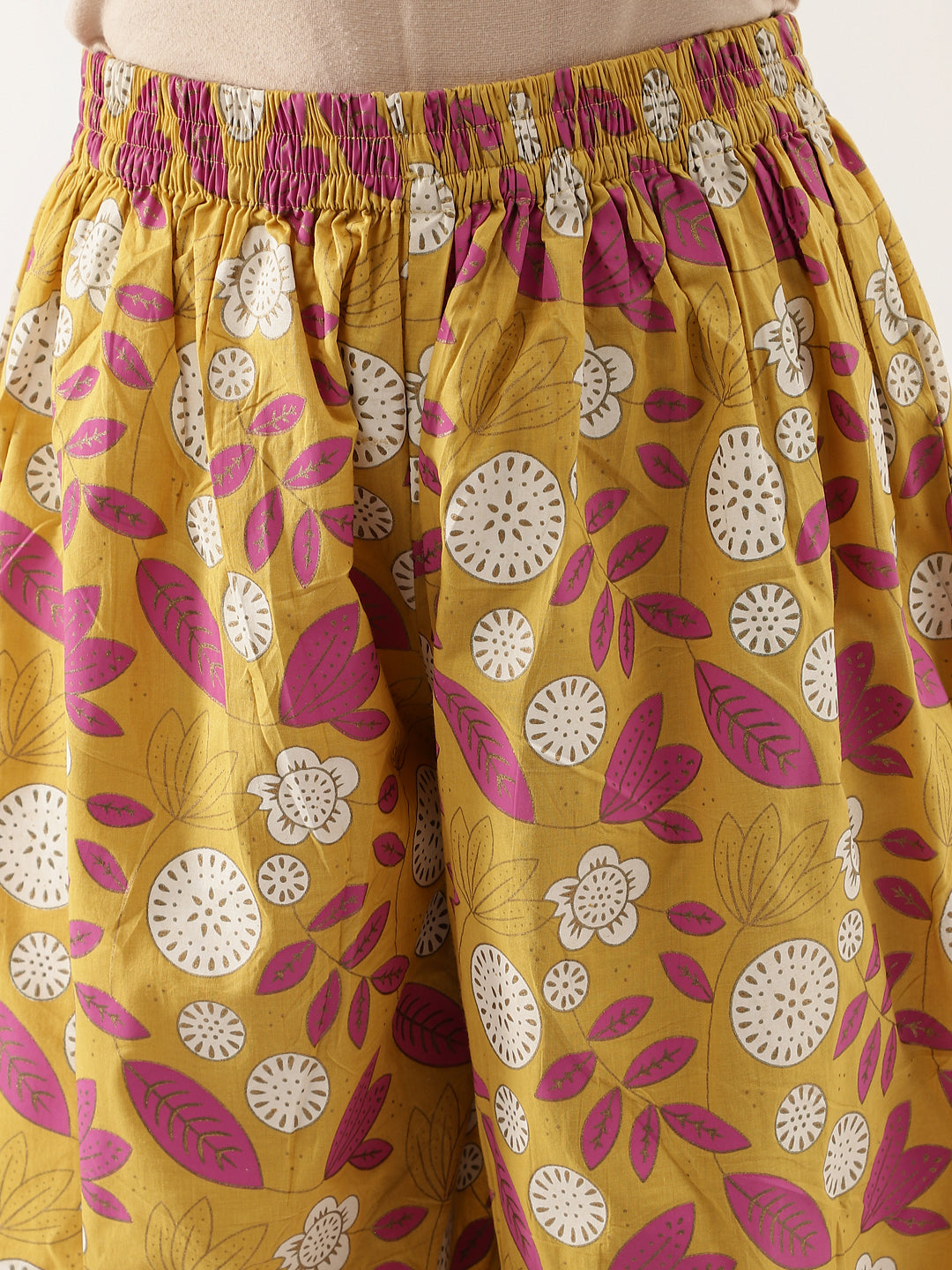 Mustard Floral Print Cotton Co-ord Set For Women With Spread Collar