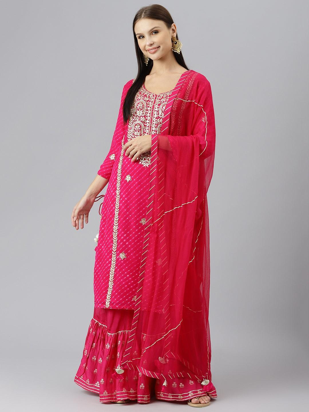 Divena Pure georgette Jaipuri Mothda Rani Pink Kurta Sharara Set with Dupatta - divenaworld.com