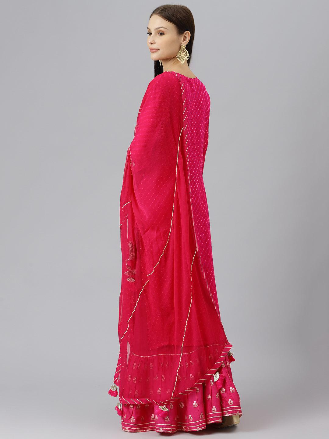 Divena Pure georgette Jaipuri Mothda Rani Pink Kurta Sharara Set with Dupatta - divenaworld.com