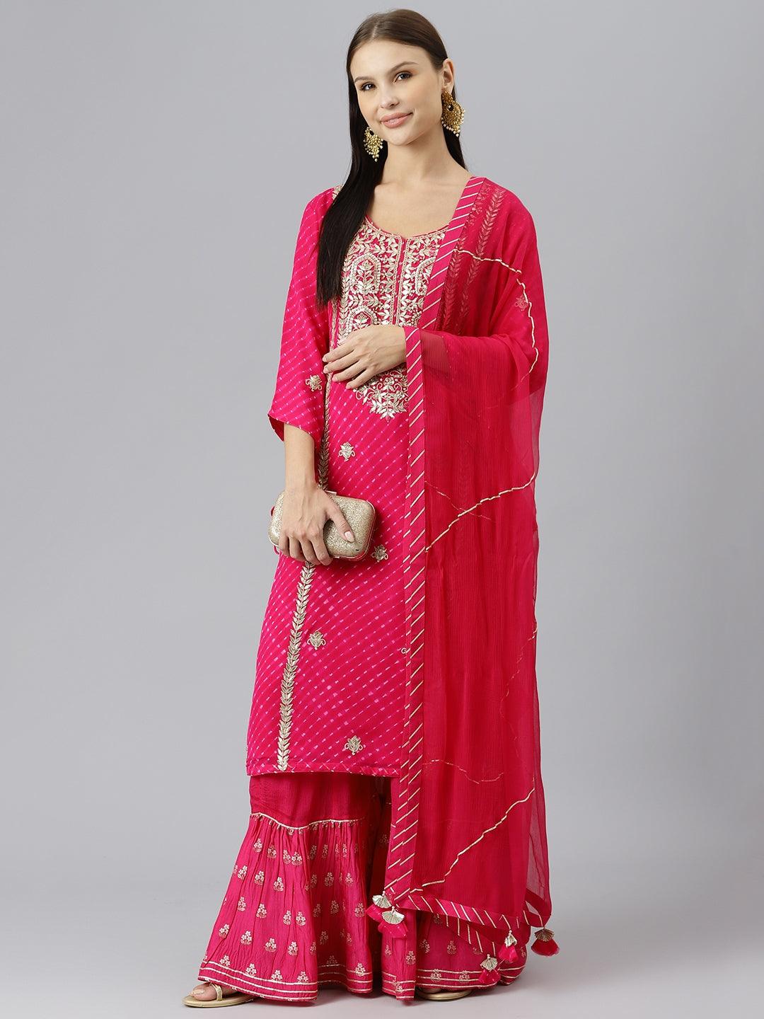 Divena Pure georgette Jaipuri Mothda Rani Pink Kurta Sharara Set with Dupatta - divenaworld.com