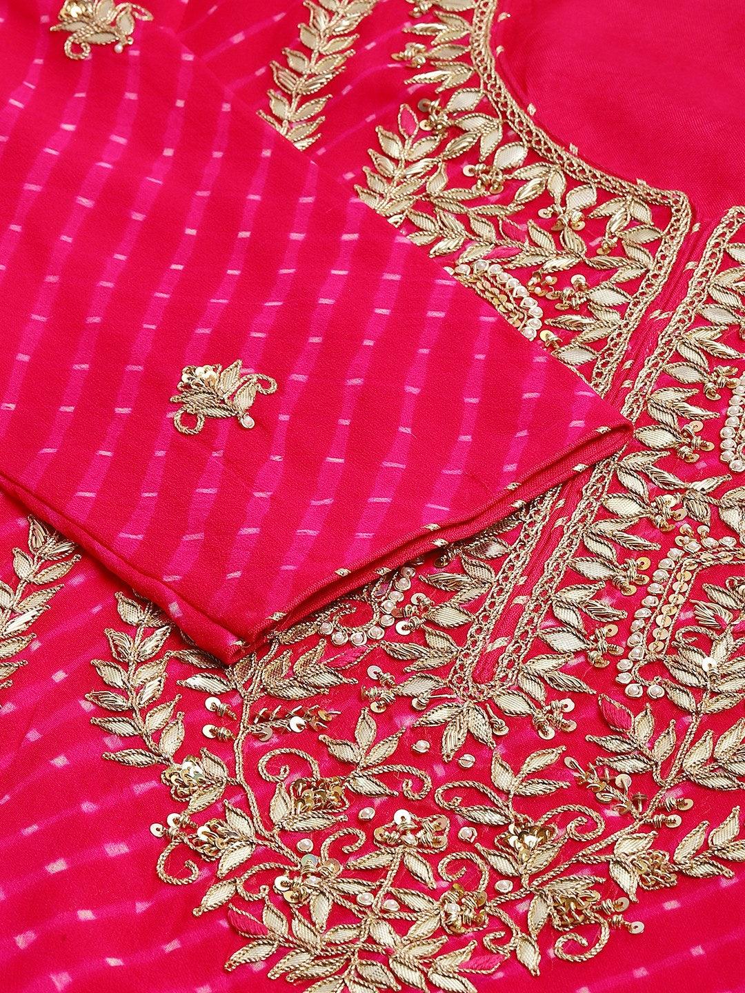 Divena Pure georgette Jaipuri Mothda Rani Pink Kurta Sharara Set with Dupatta - divenaworld.com