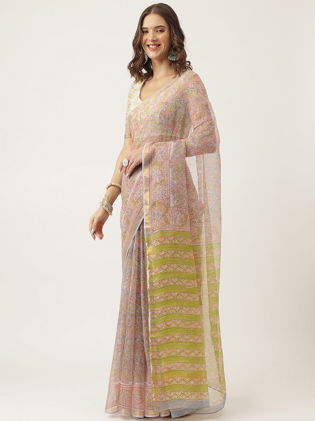Green HandBlock Kota Doria Party Wear Saree For Women