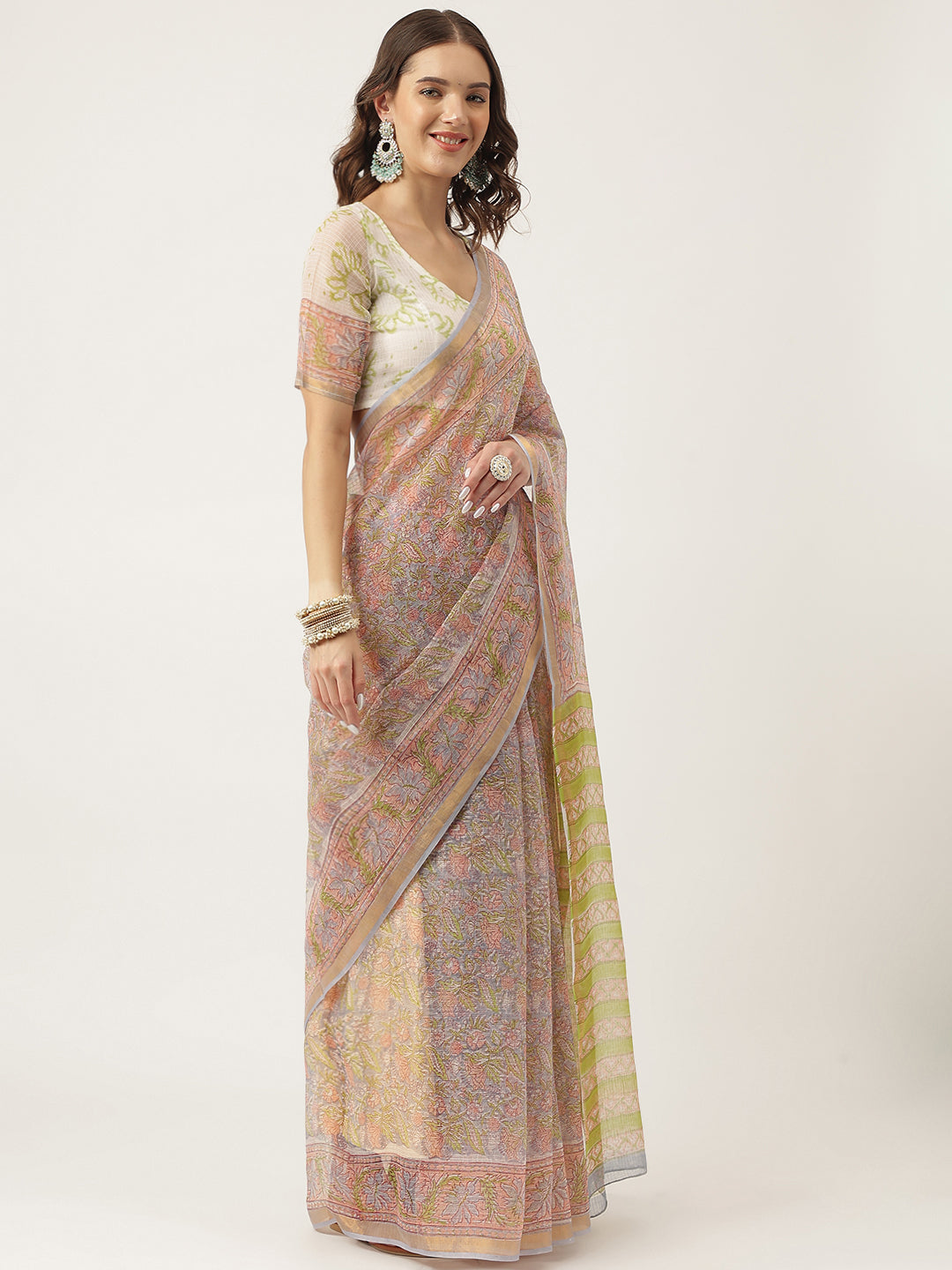 Green HandBlock Kota Doria Party Wear Saree For Women