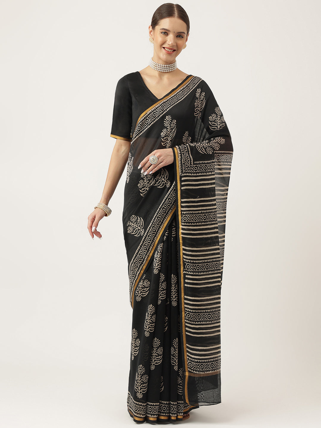 Party Wear Black HandBlock Chanderi Silk Saree