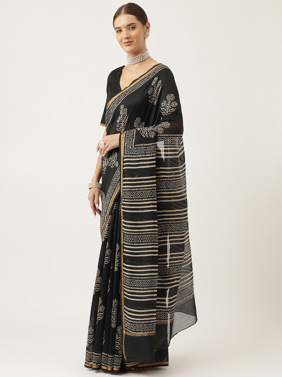Party Wear Black HandBlock Chanderi Silk Saree
