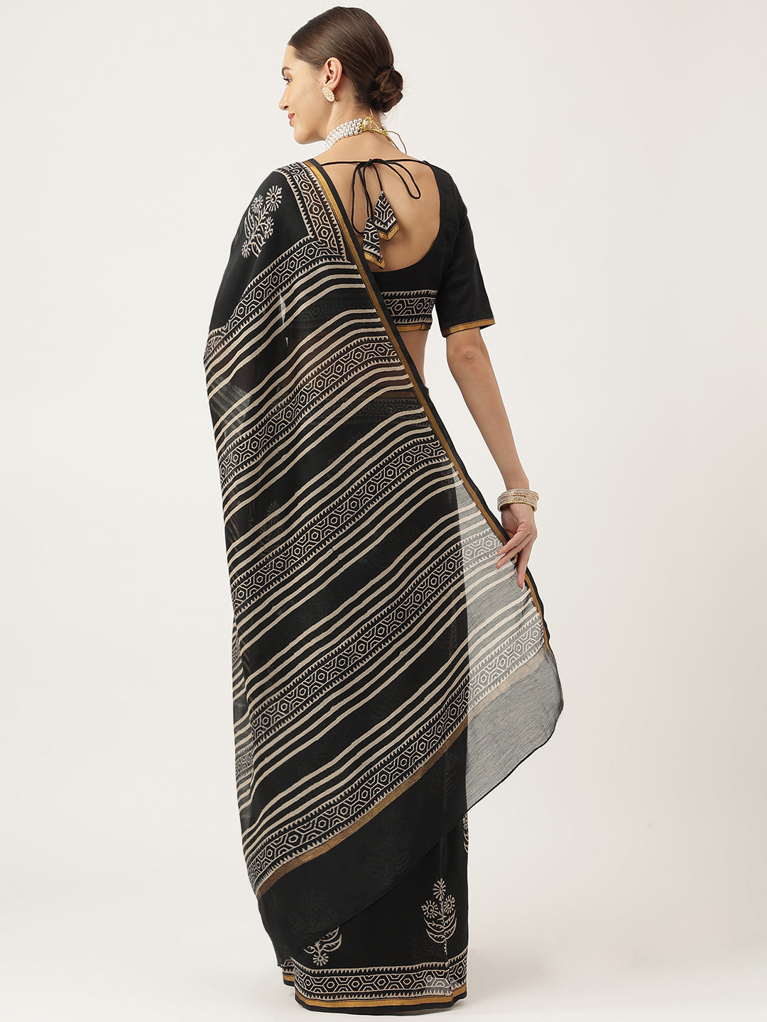 Party Wear Black HandBlock Chanderi Silk Saree