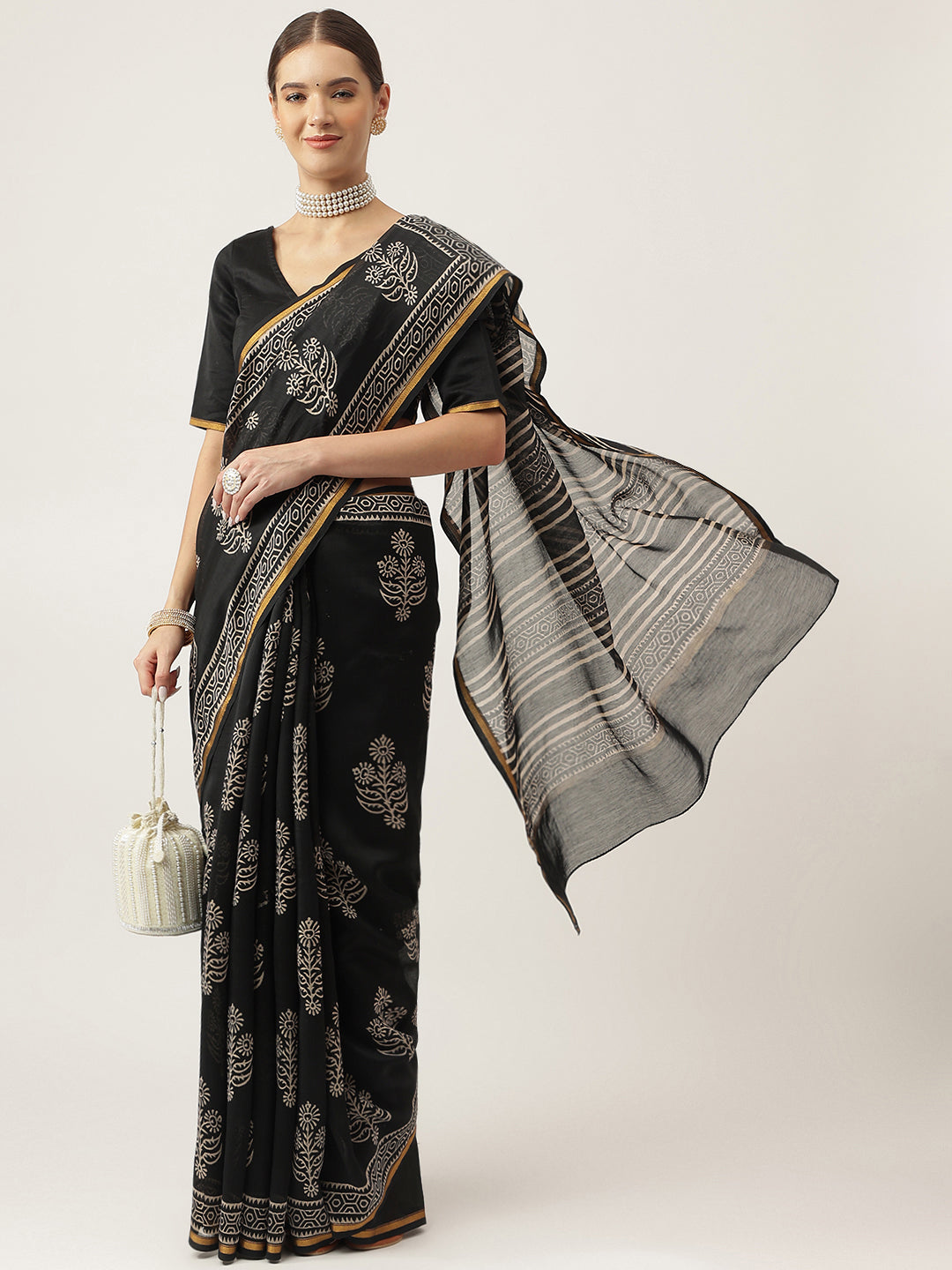 Party Wear Black HandBlock Chanderi Silk Saree