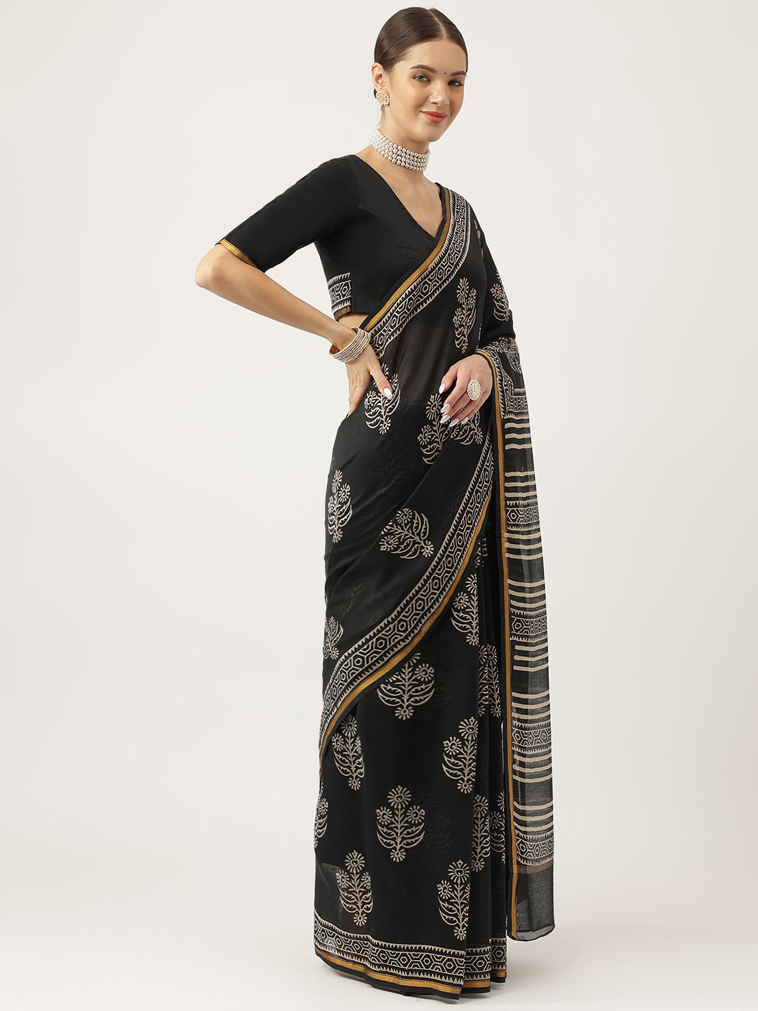 Party Wear Black HandBlock Chanderi Silk Saree