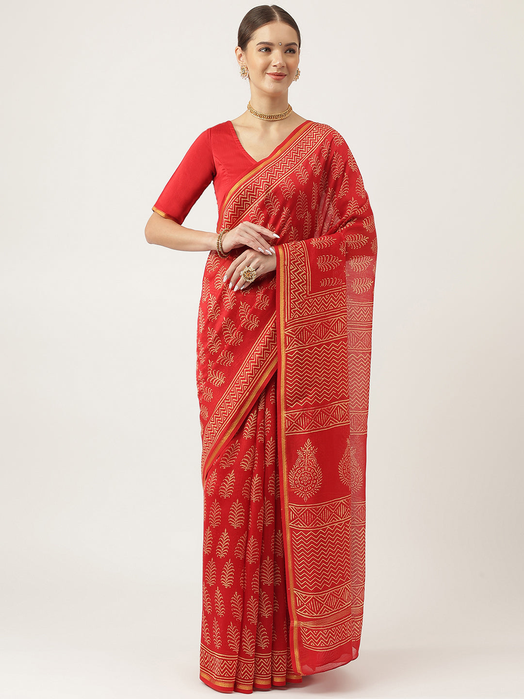 Red HandBlock Chanderi Party Wear Silk Saree