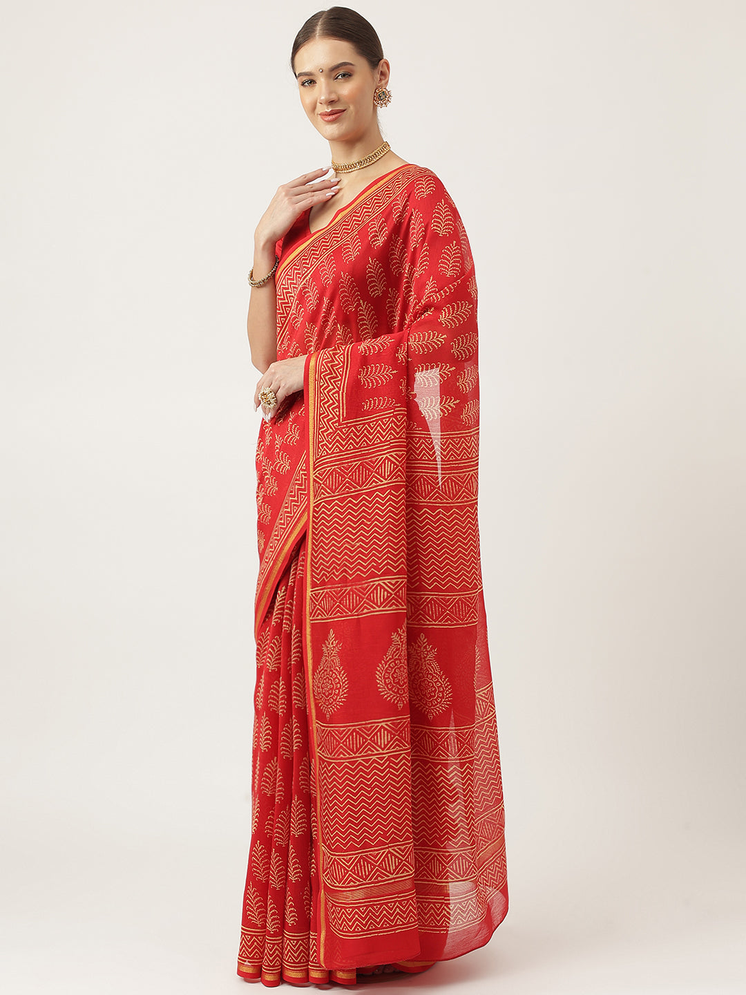 Red HandBlock Chanderi Party Wear Silk Saree