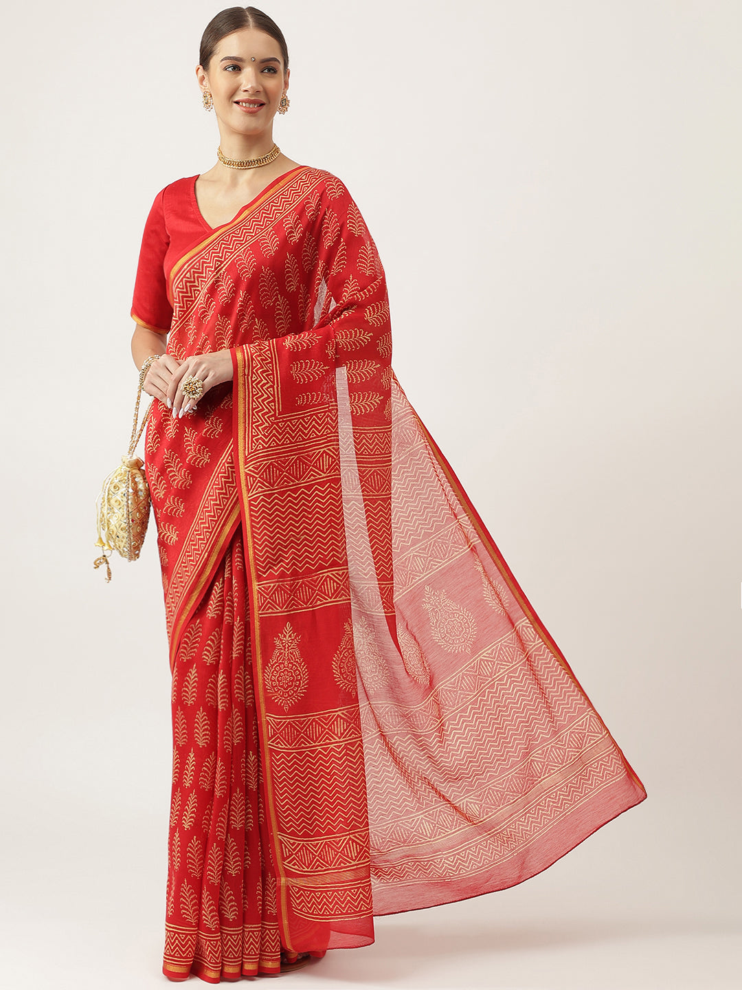 Red HandBlock Chanderi Party Wear Silk Saree