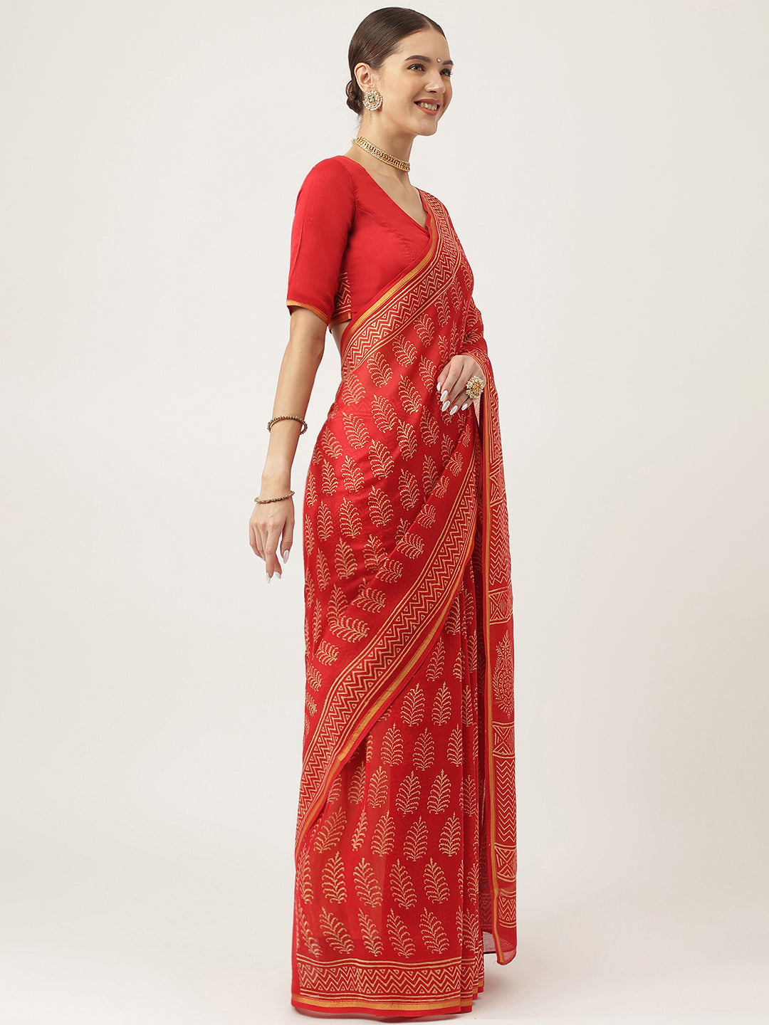 Red HandBlock Chanderi Party Wear Silk Saree