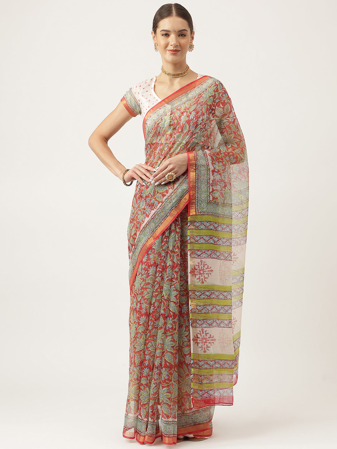 Maroon HandBlock Kota Doria Party Wear Saree For Women