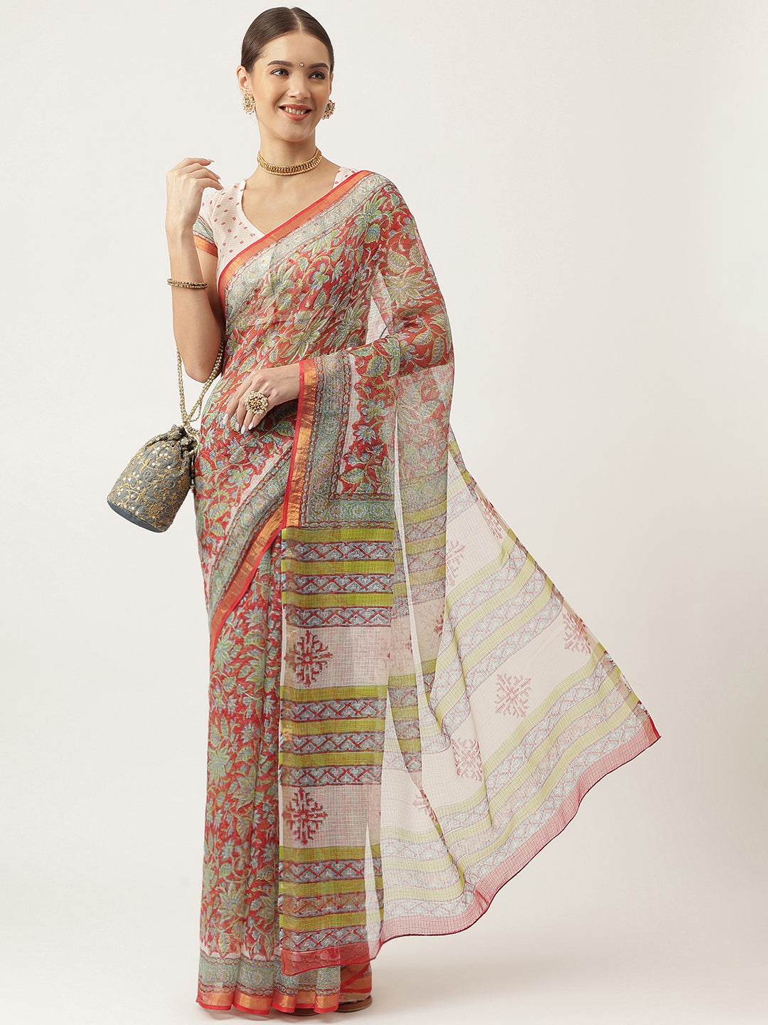 Maroon HandBlock Kota Doria Party Wear Saree For Women