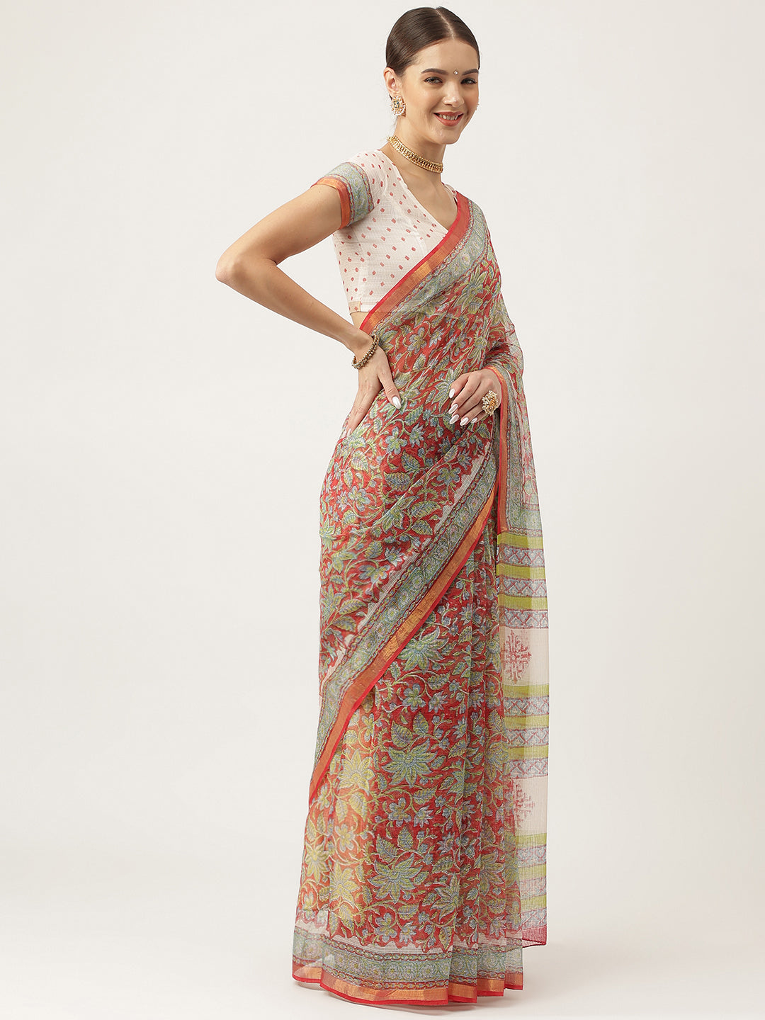 Maroon HandBlock Kota Doria Party Wear Saree For Women