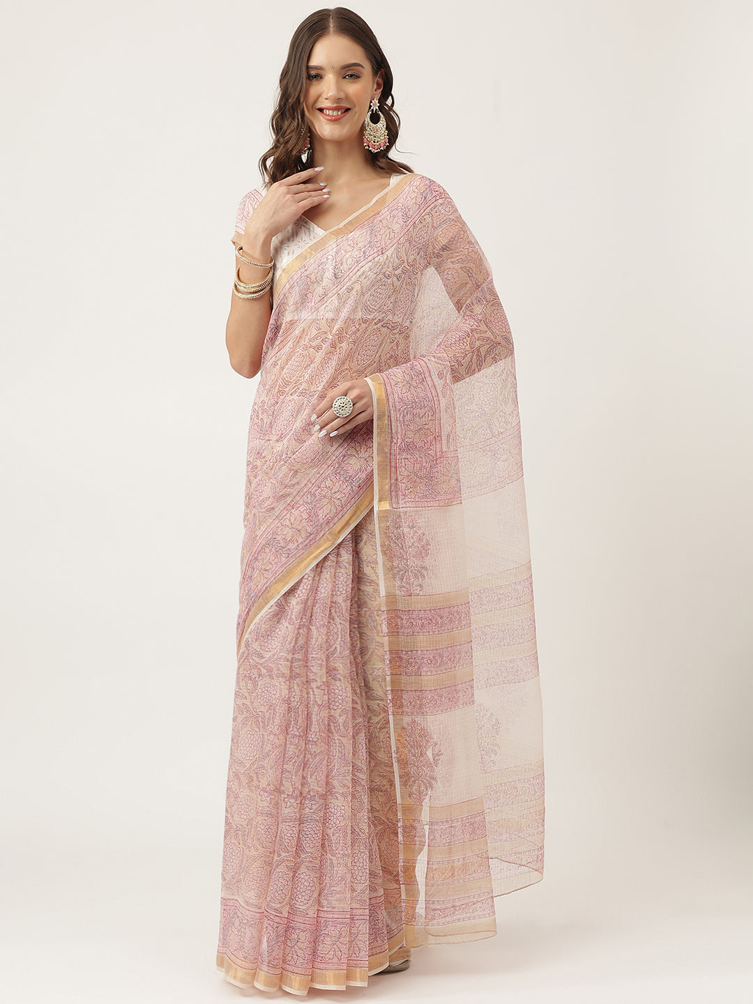 Pink Party Wear HandBlock Cotton Kota Doria Saree